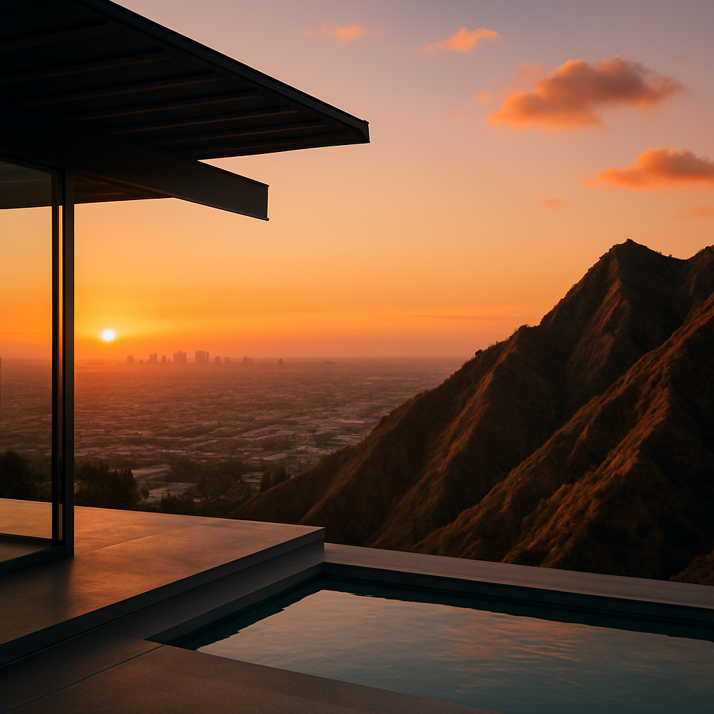 Overlooking the Hollywood Hills with the LA cityscape in the distance.