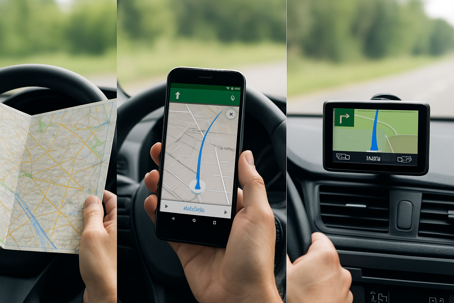 A photo montage showing maps, google maps and a sat nav
